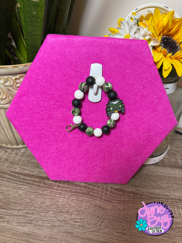 Army Green Jeep Silicone Beaded Bracelet Keychain