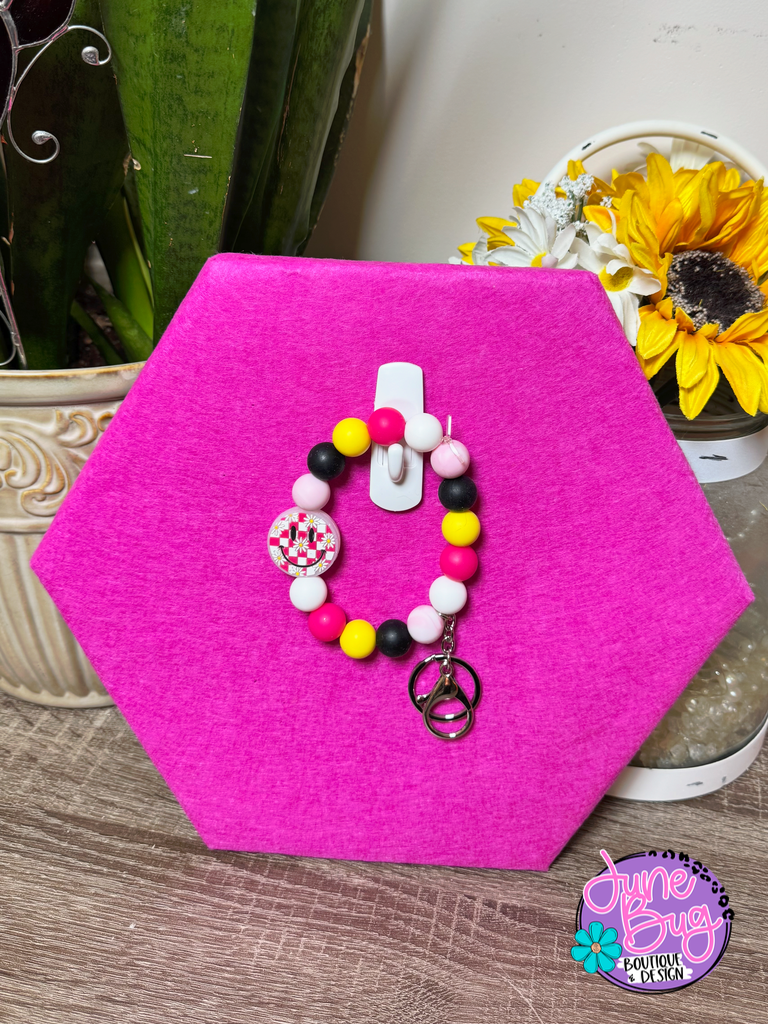 Pink Checkered Smile Face Silicone Beaded Bracelet Keychain