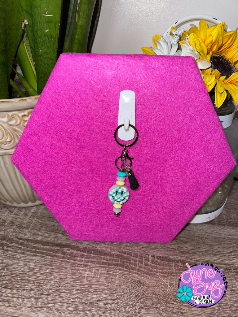 Teal Checkered Smile Face Silicone Beaded Straight Keychain