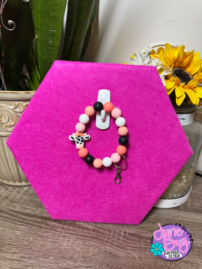 Floral Cow Silicone Beaded Bracelet Keychain