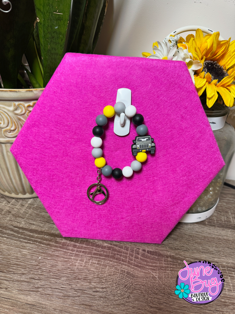 Gray Jeep Silicone Beaded Bracelet Keychain