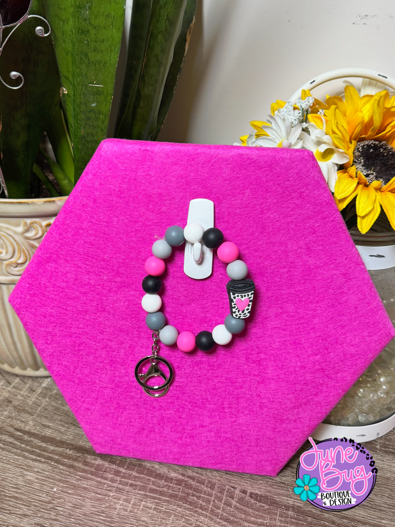 Leopard Coffee Silicone Beaded Bracelet Keychain