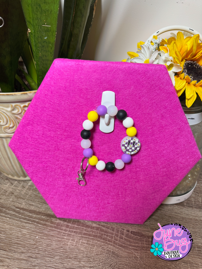 Purple Checkered Smile Face Silicone Beaded Bracelet Keychain