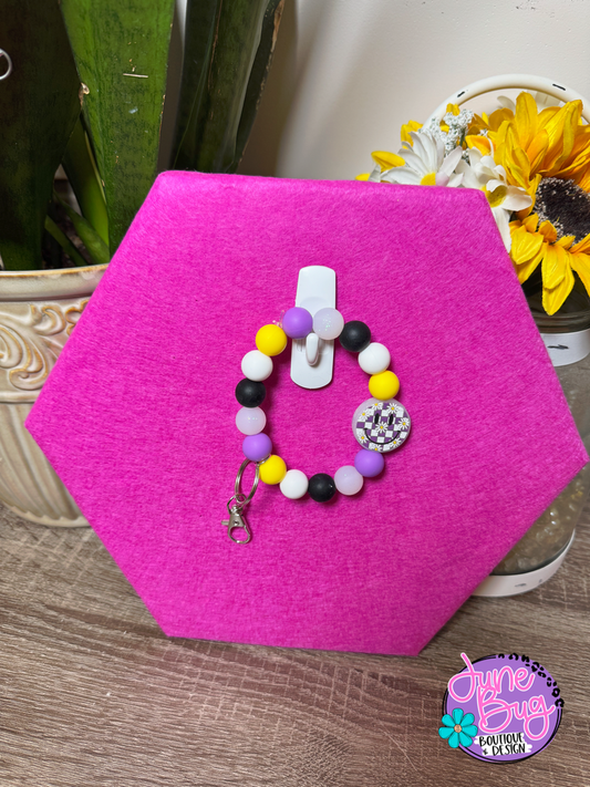 Purple Checkered Smile Face Silicone Beaded Bracelet Keychain