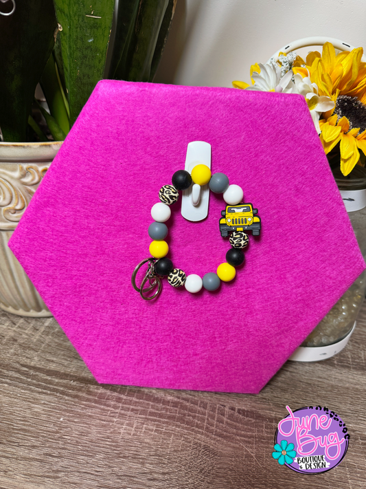 Yellow Jeep Silicone Beaded Bracelet Keychain